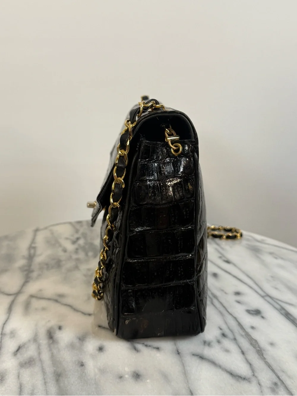 Vintage Chanel Black Crocodile Large Flap Shoulder w/ Gold HDW 1986-88, 0 Series